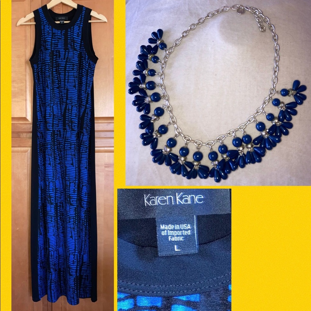 Karen Kane Dress & Necklace Liz Claiborne Blue Black L Silver Tone Blue Crystal